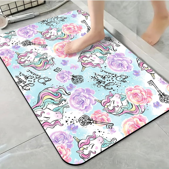 1pc Unicorn and Floral Dreamy Pattern Bathroom Rug Bathroom Decor and Accessories- Durable,Anti Slip,And Quick Drying,Suitable For Indoor/outdoor Use - Perfect For Bathrooms,Bedrooms,Kitchens