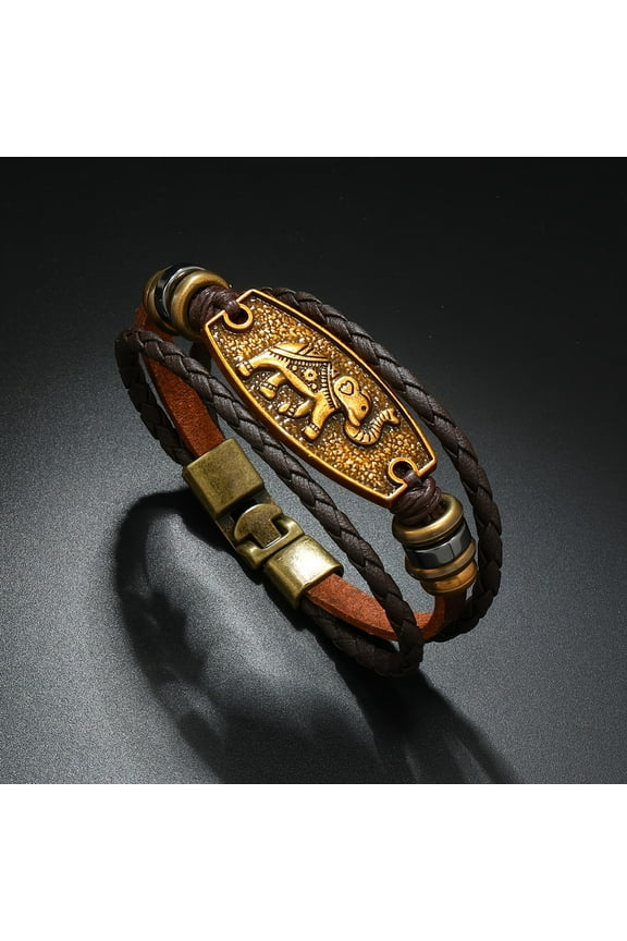 1pc Unique Alloy Elephant Beaded PU Leather Bracelet For Men, Woven Accessories,Brown