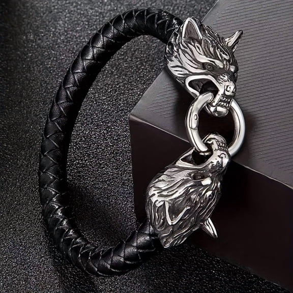 1pc Unique Viking-Inspired Stainless Steel Wolf Head Decorative Bracelet for Men - Fashionable Jewelry Accessory with Detailed Engraving and Adjustable Clasp - Perfect Gift for Him,Black