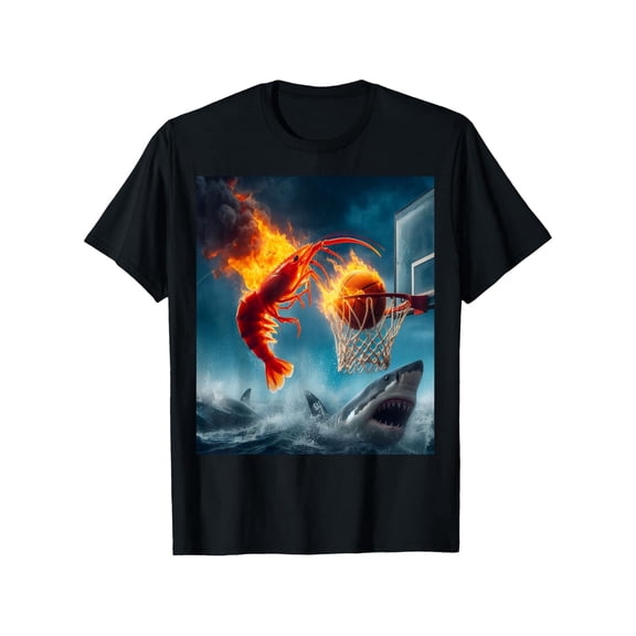 1pc Unisex Cotton Casual T-Shirt with Shrimp Dunking on Shark Print, Round Neck, Short Sleeve, Slight Stretch, Digital Heat Transfer, Fishing Meme Graphic Tee, 220gsm, S-XXXL