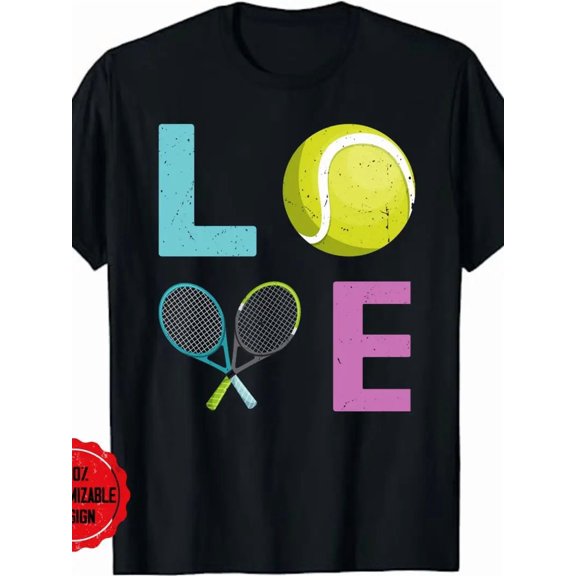 1pc Unisex Cotton T-Shirt with "I Love Tennis" Graphic Print - Black Casual Round Neck Short Sleeve Tee, Regular Fit All-Season Comfort, Geometric Design for Tennis Enthusiasts