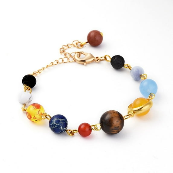 1pc Universe Galaxy The Nine Planets Guardian Star Natural Mixed Gemstone Beads Bracelets with Brass Findings 6-1/8 inch(15.4cm)