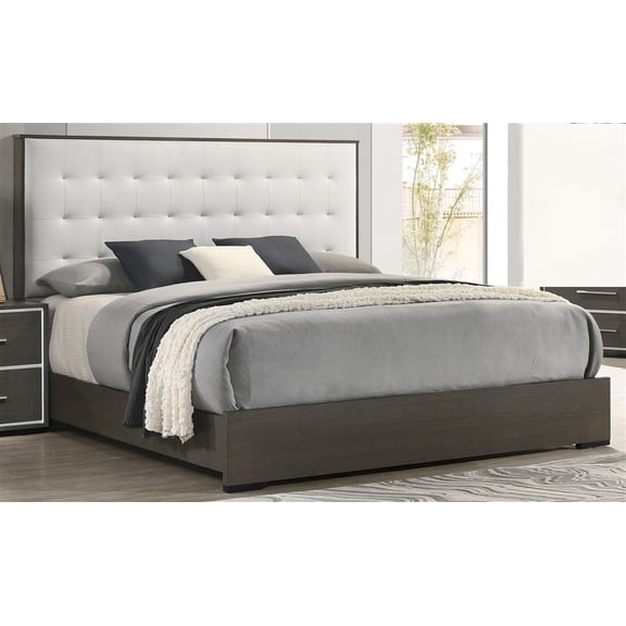 King Size Wooden Panel Bed Frame with Button Tufted Headboard, White Cream Gray, No Box Spring Needed, Main Bedroom