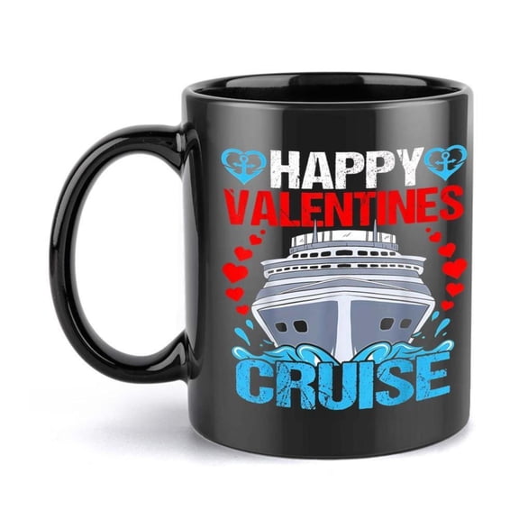 1pc Valentine S Day Cruise Mug 11oz Black Ceramic Coffee Cup with Red Blue Heart Design Happy Valentine S Day Text and Cruise Ship Illustration Holiday Drinks and Gifts Holiday Dri