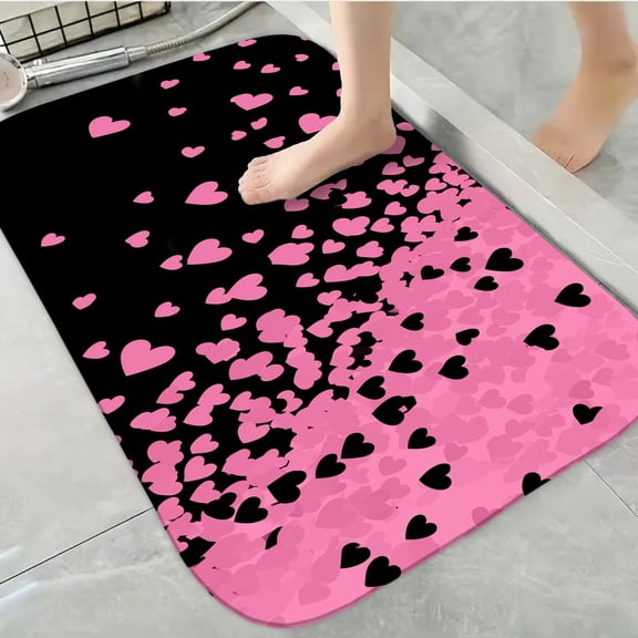 1pc Valentine's Day Decor Bathroom Mat Pink and Black Thick Polyester Non-Slip Suitable For Bathroom,Romantic Valentine's Gift Rug,Quick Drying,Perfect For Bedroom,Kitchen,Laundry,16"x24"