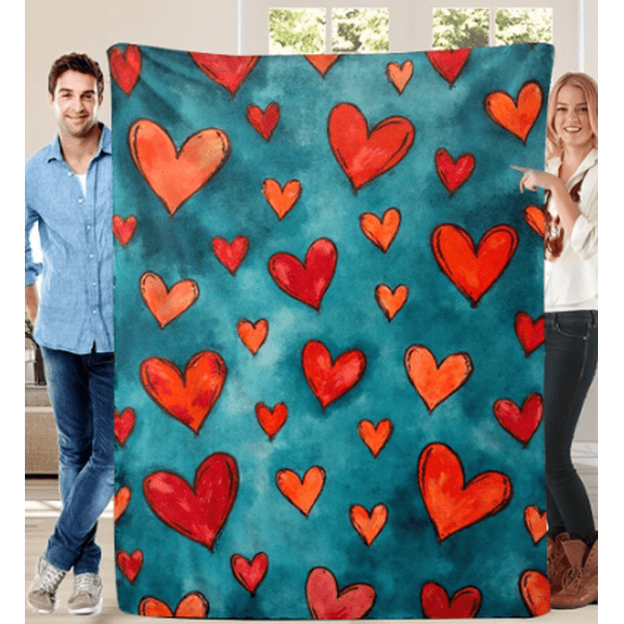 1pc Valentine's Day Flannel Blanket, Dark Teal Red Orange Heart Print, Soft Warm Bedspread, Cozy Gift for Nap Office Camping Travel, for Friends Lovers