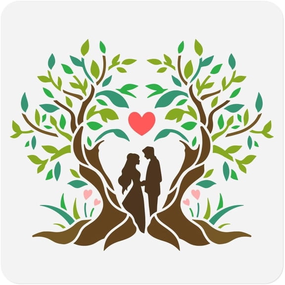 1pc Valentine's Day Lover and Heart Tree Wall Stencil for Painting 11.8”x11.8” Reusable Stencil for Wood Burning Paint Template DIY Craft Art Stencil on Fabric Canvas Furniture Journal for DIY
