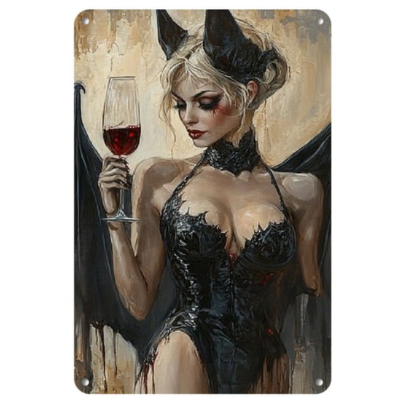 1pc, "Vampire Girl Holding Red Wine Glass" Rectangular Sign, Plaque Decorative Wall Art, Wall Decor, Room Decor, Home Decor, Restaurant Decor, Bar Decor, Cafe Decor, Garage Decor (8X12Inch)