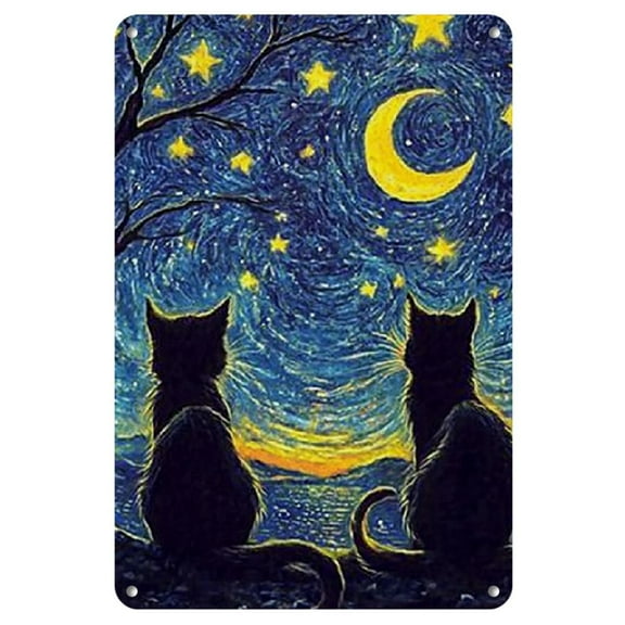 1pc Van Gogh-Inspired Starry Night Cats Iron Wall Art, 8x12 Inch - Frameless Vintage Decor for Home & Cafe, Ideal Christmas or Birthday Gift, Cafe Wall Decor|Night Scene Artwork|Iron Art Print