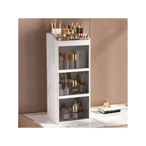 1pc Vanity Makeup Storage Box, Foldable & Sliding Door Design, Clear Cover Cosmetic Display Cabinet, Large Capacity Skincare & Cosmetics Organizer, Ideal Gift For Women