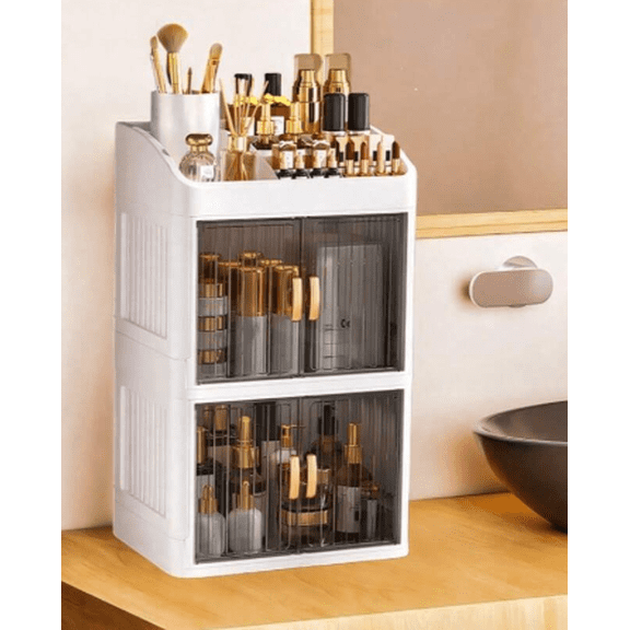 1pc Vanity Makeup Storage Box, Foldable & Sliding Door Design, Clear Cover Cosmetic Display Cabinet, Large Capacity Skincare & Cosmetics Organizer,
