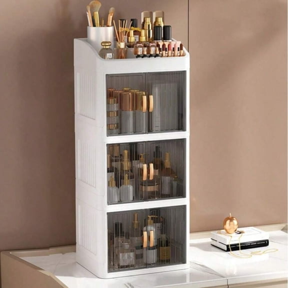 1pc Vanity Makeup Storage Box, Foldable & Sliding Door Design, Clear Cover Cosmetic Display Cabinet, Large Capacity Skincare
