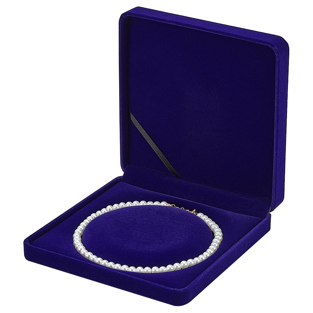 1pc Velvet Pearl Necklace Storage Gift Box 7.48x7.48x1.6inch Square Velvet Jewelry Gift Box Dark Blue Necklace Gift Display Case Wedding Jewelry Storage Holder for Long Pearl Chain Necklace DIY