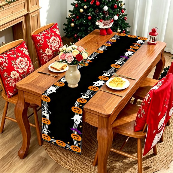 1pc Vertical Colorful Border Pumpkin Ghost Table Runner, Polyester Halloween Table Decor (13x48/13x70/13x108 inch)