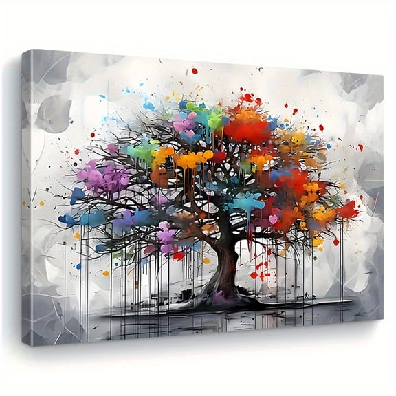 1pc Vibrant Abstract Tree of Life Canvas Wall Art with Wood Frame - Colorful Ink Splatter Painting for Living Room, Bedroom, Office Decor - Unique Holiday Gift, Modern Home & Office Artwork,