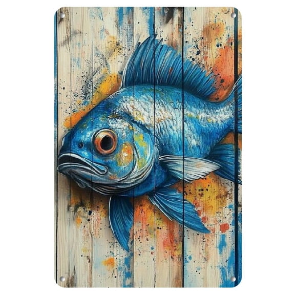 1pc Vibrant Angel Fish Artistic Metal Tin Sign - Rustic 8x12 Inch Wall Decor, Durable Aluminum with Weathered Wood & Splatter Design for Home, Cafe, Bar, Garage, Metal Wall Art Decor, 2D