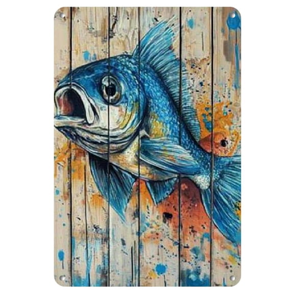 1pc, Vibrant Angel Fish Artistic Metal Tin Sign - Rustic 8x12 Inch Wall Decor, Durable Iron with Weathered Wood & Splatter Design for Home, Cafe, Bar, Garage, Metal Wall Art Decor, 2D