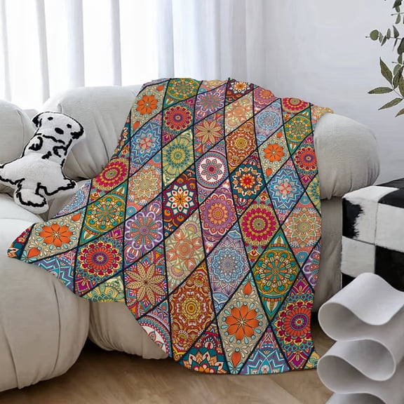 1pc Vibrant Bohemian Digital Print Flannel Throw Blanket - Colorful Mandala Patterns, Soft Polyester, Lightweight & Portable for Bedroom, Living Room