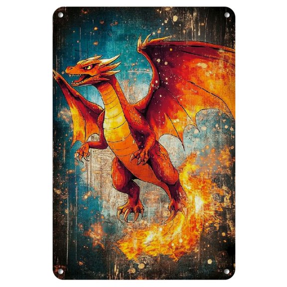 1pc Vibrant Dragon Metal Tin Sign - 8x12 Inches, Rustic Iron Engraved Wall Art, Dynamic Fiery Design with Weathered Look, Perfect for Home, Bar, Cafe, Garage Decor, Indoor/Outdoor Use