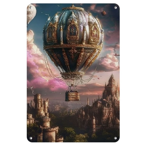 1pc Vibrant Hot Air Balloon & Castle Scene Iron Wall Art - 8x12" Frameless Poster, Traditional Retro Decor for Bar, Pub, Cafe, Kitchen, Bathroom & More, Vintage Decor