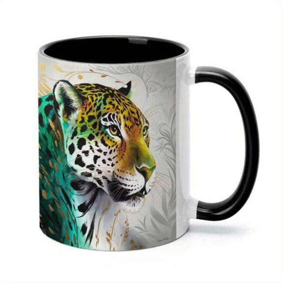 1pc Vibrant Leopard Ceramic Mug 11oz Artistic Design with Black Background Colorful Accents Holiday Gifts Birthday Christmas and Summer Presents Coffee Bar Accessories