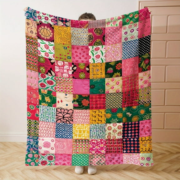 1pc Vibrant Patchwork Pattern Flannel Blanket - Soft, Cozy Throw with Floral & Geometric Designs for Bed, Sofa, Office, Camping - Mid-Century Style, All-Season Comfort