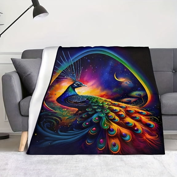 1pc Vibrant Peacock & Cosmic Swirl Throw Blanket - Ultra-Soft Polyester, All-Season Comfort, Perfect for Home Decor, Office, and Holiday Gifts, Machine Washable, Fantasy-Themed Design, Peacock Decor