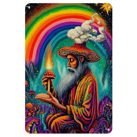 1pc Vibrant Psychedelic Iron Wall Art, 8x12 Inch - Traditional African Shaman with Mushroom & Fire Design, Frameless Decor for Bar, Pub, Cafe, Kitchen, Bathroom - Retro Style Poster