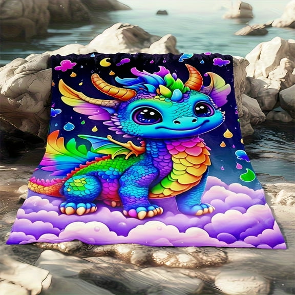 1pc Vibrant Rainbow Dragon Fleece Blanket - Soft, Warm, Lightweight Polyester Fleece with Whimsical Dragon Design, Perfect for Sofa, Bed, Travel & Office
