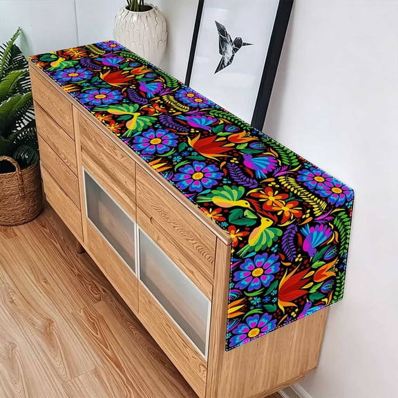 1pc Vibrant Rainbow Flower Bird Flat 2D Table Runner, Kitchen Patio Xmas Decor, Mexican Fiesta Dining Centerpiece Gift, Christmas Thanksgiving Labor Day