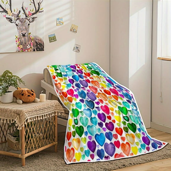 1pc Vibrant Rainbow Heart Flannel Fleece Blanket - Digital Print, Soft Double-Sided Velvet Throw for Sofa, Bed, and Gift - Machine Washable, All-Season Cozy Cover