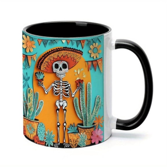 1pc Vibrant Skeleton Cactus Ceramic Coffee Mug 11oz Ideal Hot Cold Drinks Christmas New Year Featuring Day of Dead Sugar Skull Design with Floral Patterns Mug Festive Mug Ceramic Cu