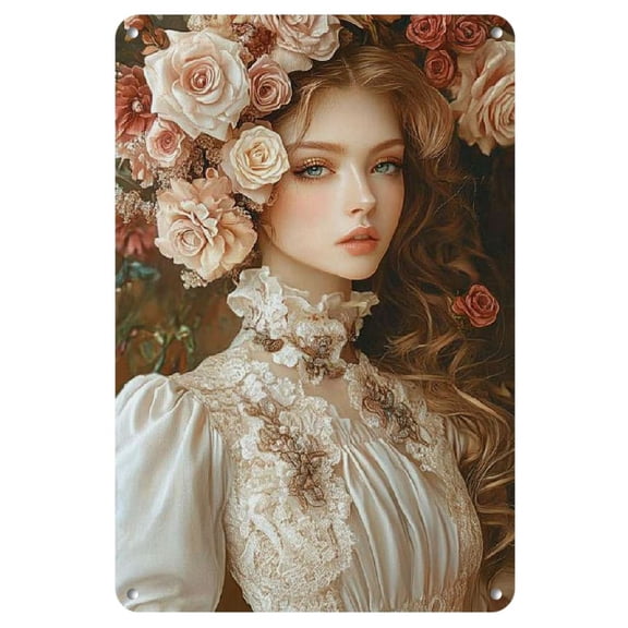 1pc Victorian Lady Metal Wall Art, Iron Vintage Floral Dress & Rose Basket Design, Pre-Drilled, Waterproof, Weather Resistant - Ideal for Christmas, Halloween, Beach Party, Anniversary Decor 12x8 inch