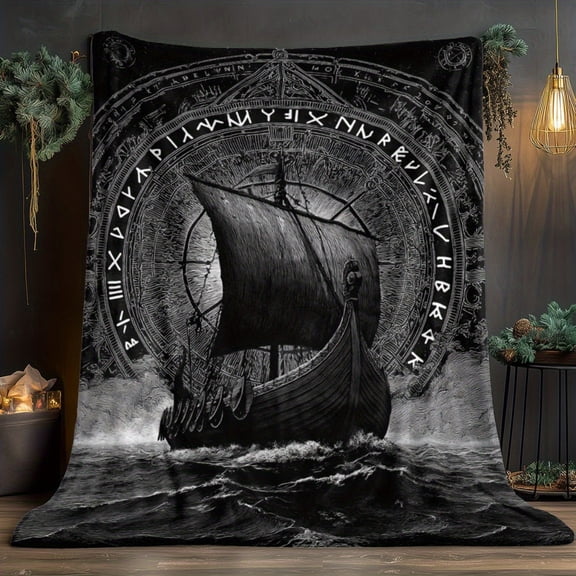 1pc Viking Longship Pirate Ship Blanket - Dark Viking Age Design with Norse Ship - Lightweight Flannel Throw for Camping, Home, Office - All-Season Soft Bedspread - Perfect Gift for History & Fantasy