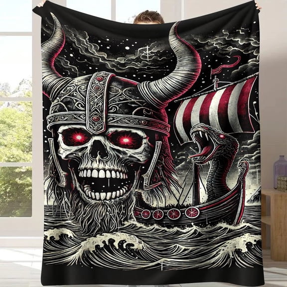 1pc Viking Norse Mythology Blanket - Norse Ship & Viking Warrior Skull with Horned Helmet & Odin's Raven Design, Black/White/Gray/Golden Viking Longship Print, Soft Flannel-like Bedspread for Bed, So