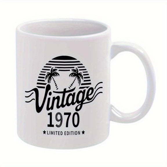 1pc Vintage 1970 Trees Design Ceramic Coffee Mug 11oz Limited Edition Retro Beach Theme Cup White with Black Graphics Hand Wash Only Reusable Drinkware Christmas New Year Gifts Sum