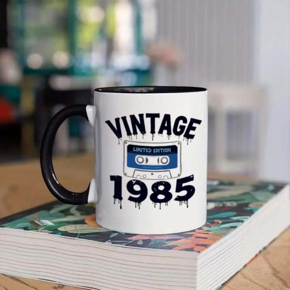1pc Vintage 1985 Cassette Tape Design Ceramic Coffee Mug 11oz Black Handle White with Blue Black Graphic Music Lovers Ideal Birthdays Holidays Christmas New Year Valentine S Day Co