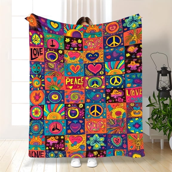 1pc Vintage 60s 70s Psychedelic Hippie Flannel Blanket, Peace Signs Floral & Love Prints, Colorful Retro Boho Throw for Couch Bed Festival, All-Season Soft Plush Bohemian Gift