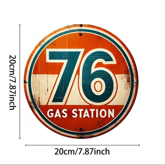 1pc Vintage 76 Gas Station Round Metal Sign - 7.87x7.87 inch, Waterproof & Dustproof Aluminum, Retro Orange & Teal Decor for Home, Bars, Cafes, Garages, Vintage Metal Sign