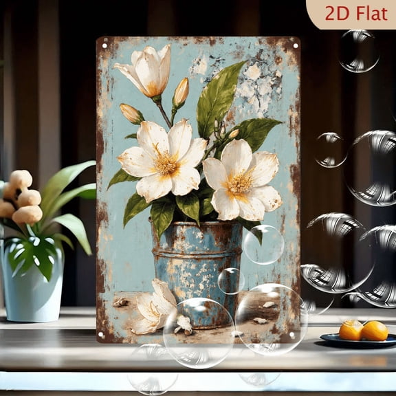 1pc Vintage 8x12 Inch Rustic Metal Wall Art, Blue Rusted Bucket with White Magnolia-like Flowers & Green Leaves, Distressed Light Blue Wooden Table Background, Weathered Aged Wall Decor