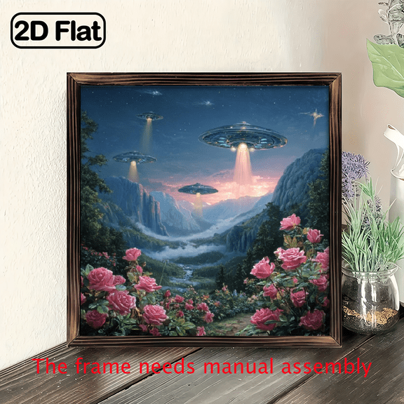 1pc Vintage Alien Landscape Wall Art - UFO Spaceships Landing in Rose Garden, 8x8 Inch Wooden Frame Sign, Romantic Decor for Bedroom, Living Room, Office, Wedding, Anniversary, Space Room Deco