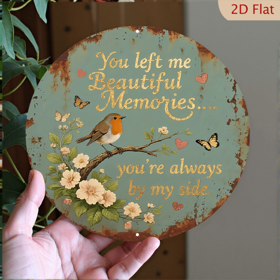1pc Vintage Aluminum Memorial Plaque, Mourning Gift Featuring, Robin & The Quote 'Beautiful Memories', Teal & Golden Decor, Suitable For Garden Wall Memorials, Grieving Families, Weather Resistant