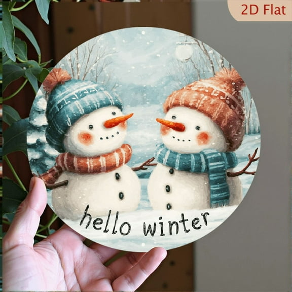 1pc Vintage Aluminum Snowman "Hello Winter" Wall Decor - 8" Round Rustic Metal Sign for Home, Garden, Office - Christmas Halloween Decoration, No Electricity Needed, Winter Decorations for Home