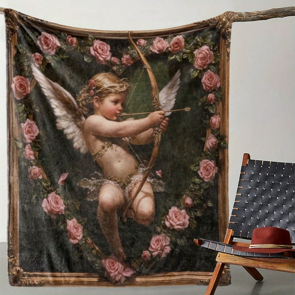 1pc Vintage Angel Rose Flannel Blanket – Soft, Cozy, All-Season Throw with Romantic Cupid Design for Sofa, Bed, Car, Office, Camping & Travel – Perfect Valentine’s Gift in Mixed Colors