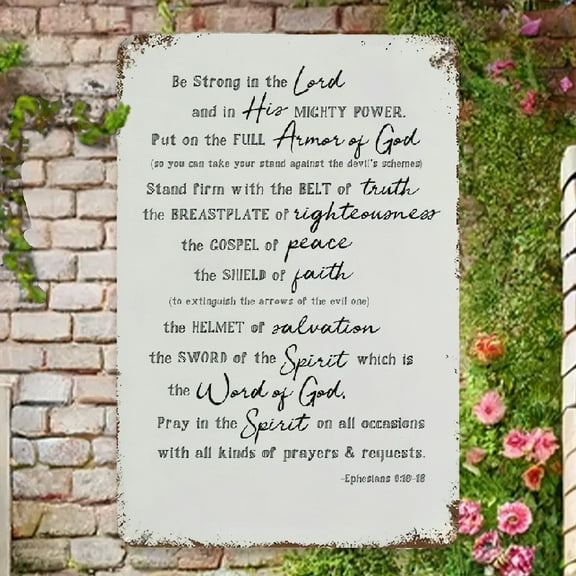 1pc Vintage Armor of God Ephesians 610-1800 Scripture Metal Tin Sign - Rustic Inspirational Wall Art for Home, Kitchen, Bar, Garden, Bathroom Decor - 8x12 Inch Spiritual Plaque with Distressed Design