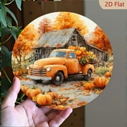 1pc Vintage Autumn Pumpkin Truck Round Metal Wall Art, 7.87x7.87in - Rustic Fall Scene with Colorful Foliage Wooden House, Durable Easy-to-Clean Aluminum Decor for Home, Living Room, Cafe