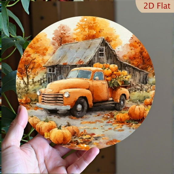 1pc Vintage Autumn Pumpkin Truck Round Metal Wall Art, 7.87x7.87in - Rustic Fall Scene with Colorful Foliage Wooden House, Durable Easy-to-Clean Aluminum Decor for Home, Living Room, Cafe