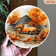 1pc Vintage Autumn Pumpkin Truck Round Metal Wall Art, 7.87x7.87in - Rustic Fall Scene with Colorful Foliage Wooden House, Durable Easy-to-Clean Aluminum Decor for Home, Living Room, Cafe