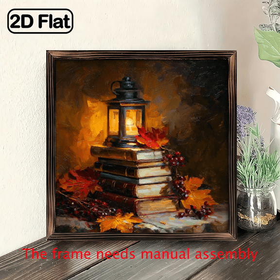 1pc Vintage Autumn Still Life Wall Decor - Farmhouse Book Lantern Framed Art in Warm Fall Colors (Orange, Yellow, Red, Brown) - Rustic Bookshelf Decoration with Pre-Drilled Holes - Easy Hang