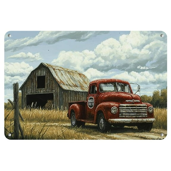 1pc Vintage "Barn & Hay Bales" Iron Wall Decor, 12x8 inches - Rustic Red Truck Scene, Water & Dust Resistant, Ideal for Home, Bar, Garage, Kitchen - Charming Gift for Men & Women